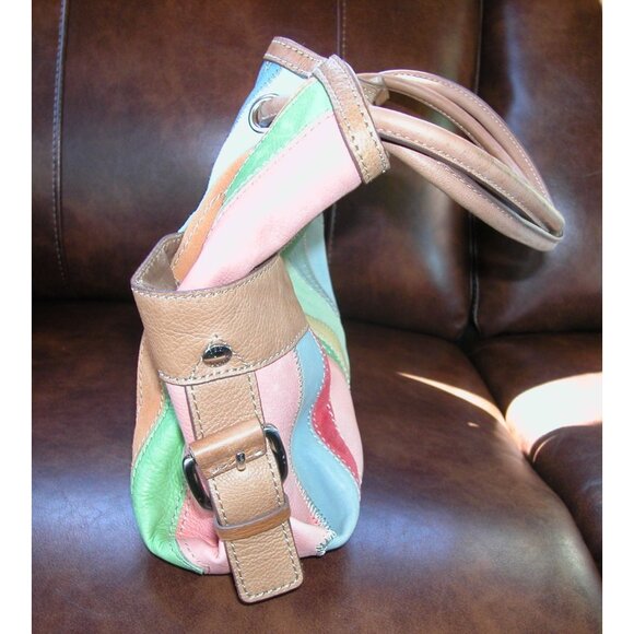 Multicolor Leather Fossel Tote Bag With Dual Handles & Buckle Accents - Picture 4 of 6